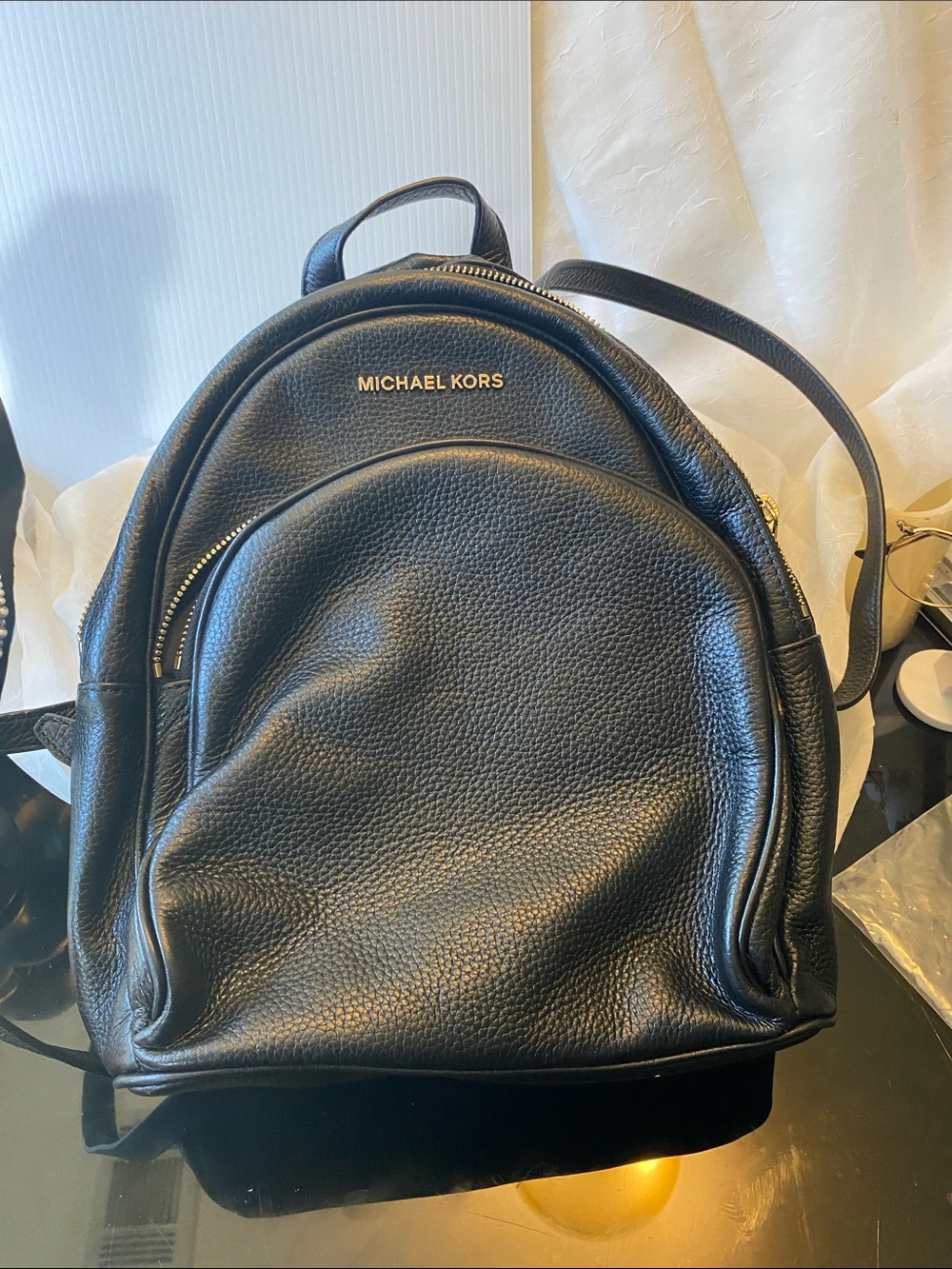 Michael Kors Black Pebbled Leather Mini Backpack with Gold Logo